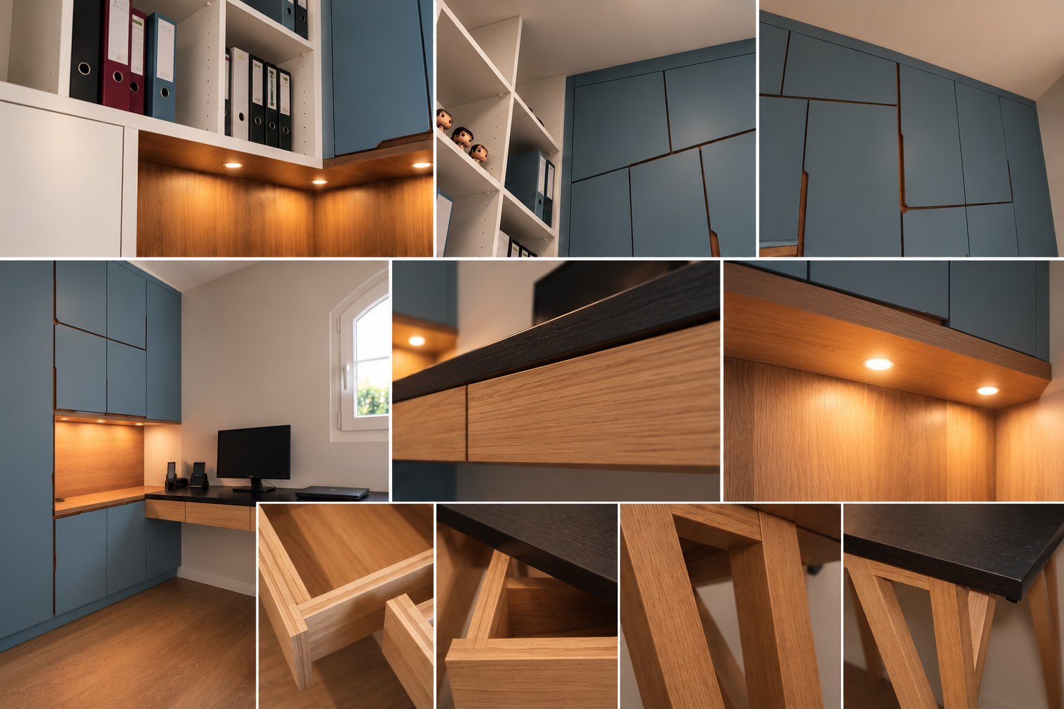 Bureau sur mesure bleu grisé et chêne clair