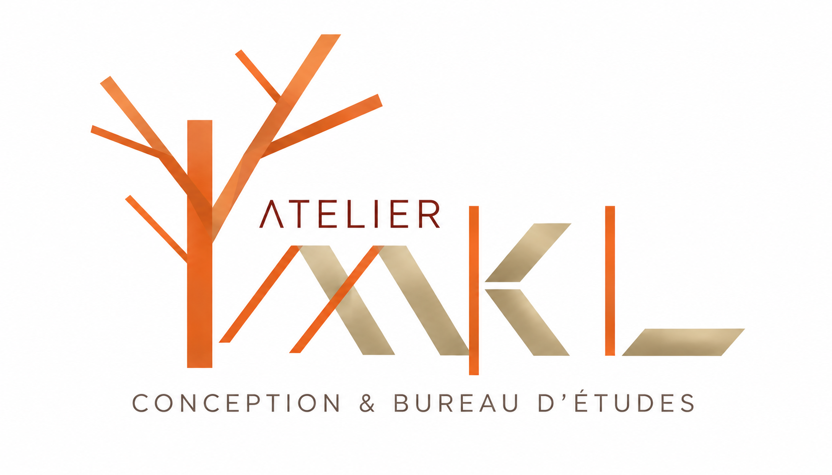 Logo Atelier MKL : arbre géométrique orange et lettres dorées
